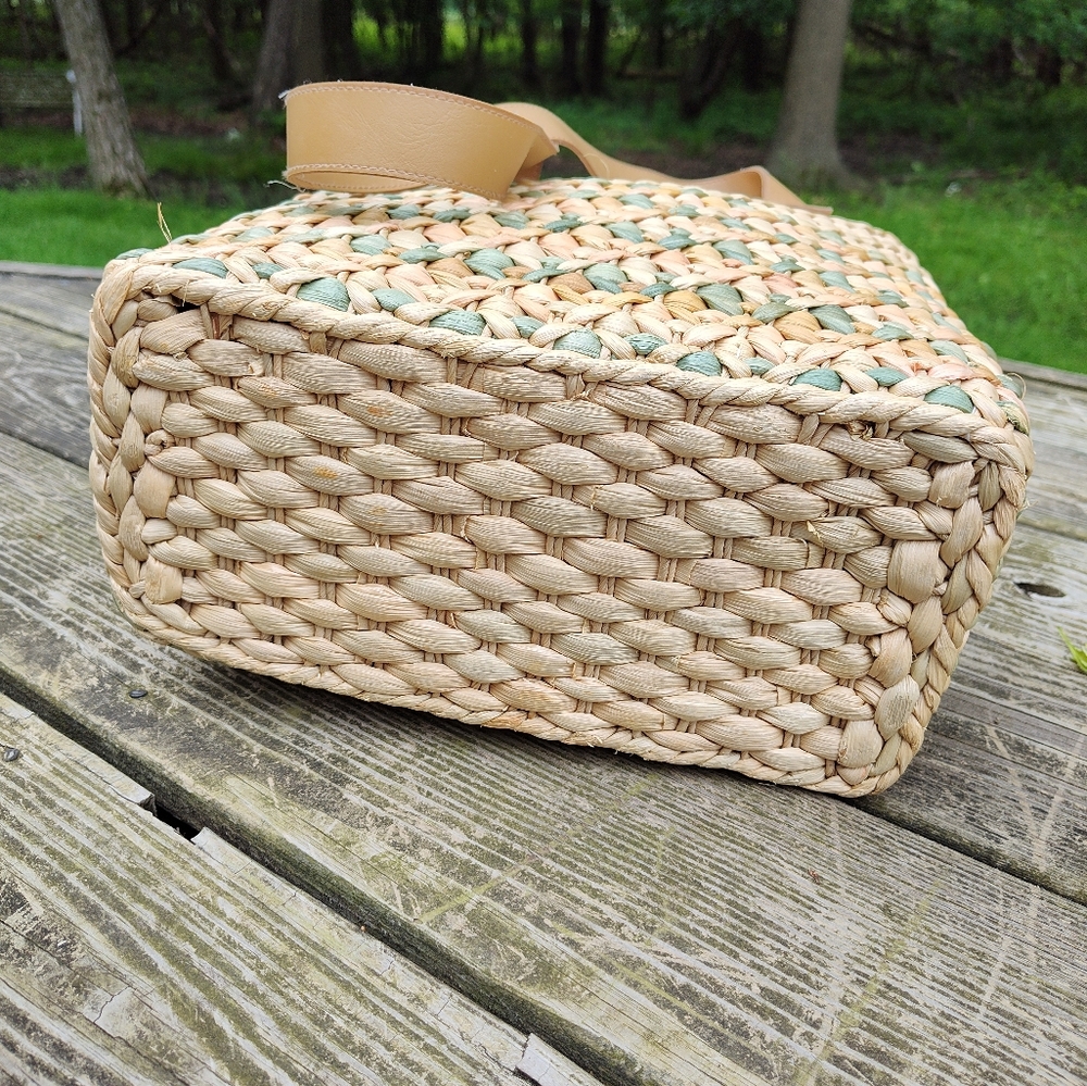 Woven Square Beach Tote Bag Straw Corn Husk Cotton Lined Natural Blue Pink - Picture 3 of 13